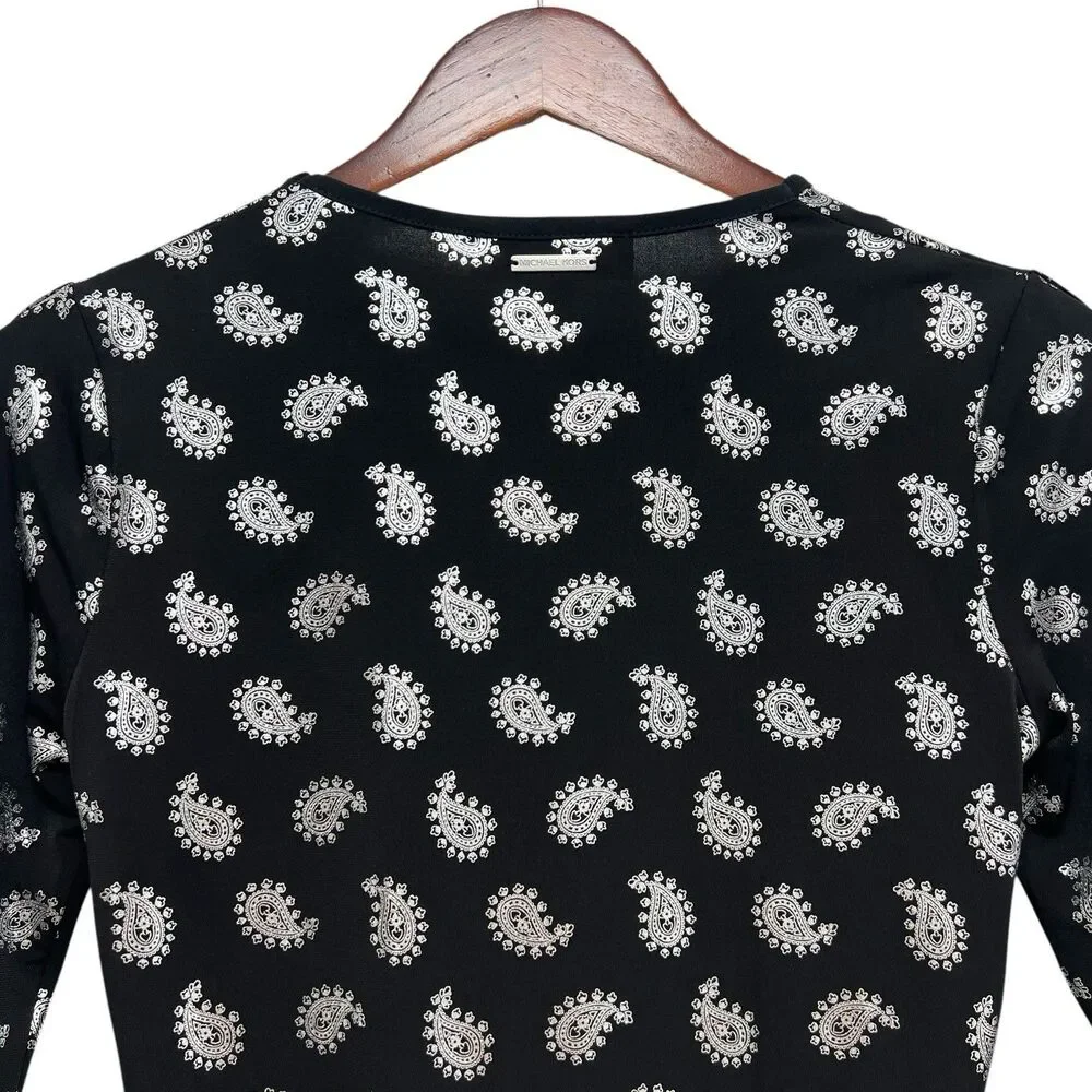 MICHAEL KORS Black/Silver Foil Paisley Flounce Shift Dress Bell Sleeves Size S